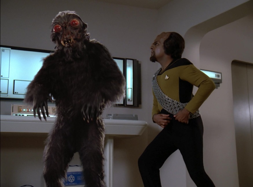 Your classic bug-eyed monster, about to take Worf out