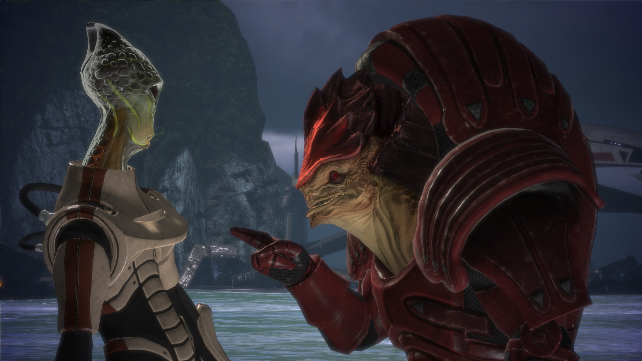 Urdnot Wrex giving a Salarian the finger...