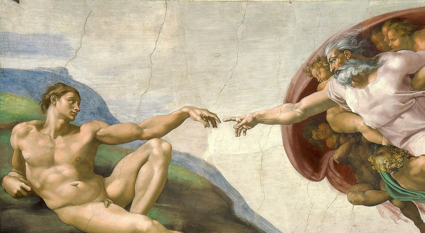 Michelangelo’s “The Creation of Adam” painting showing God reaching toward Adam, symbolizing God’s fatherhood and our relationship to the divine