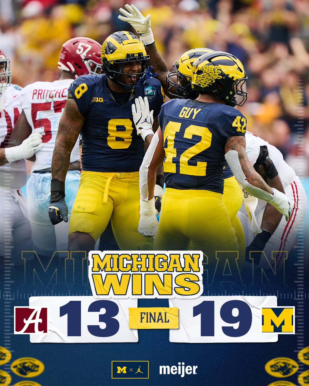 Final score of the 2024 ReliaQuest Bowl, Alabama 13, Michigan 19