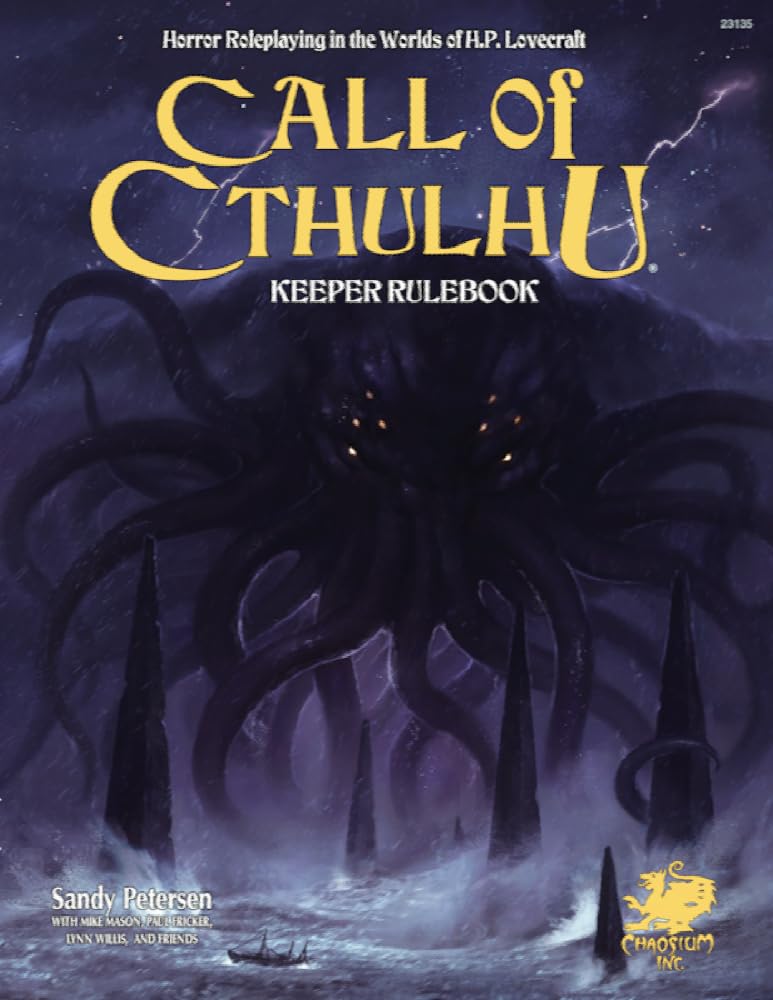 Call of Cthulhu 7th Edition Keeper Rulebook cover featuring a monstrous tentacled creature emerging from dark waters beneath a full moon