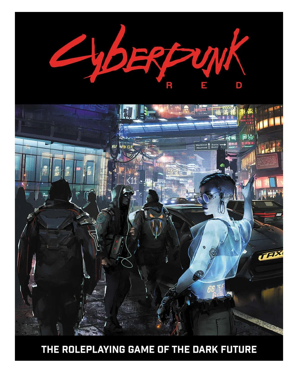 Cyberpunk Red core rulebook cover showing cyber-enhanced characters in a neon-lit futuristic city street.