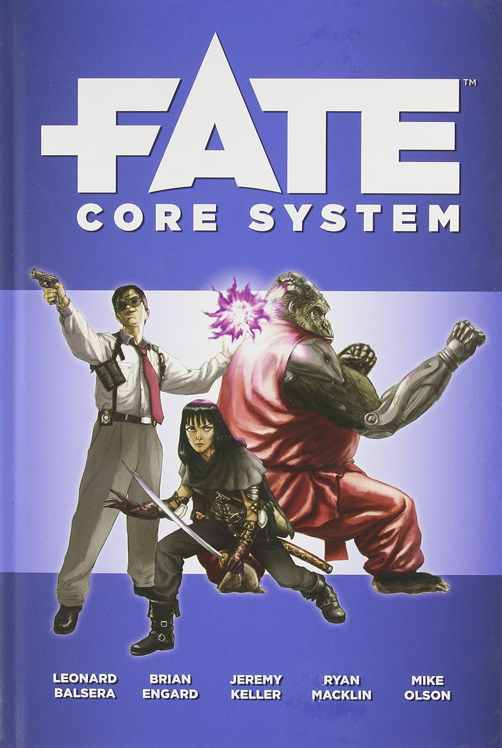 Fate Core System RPG cover featuring diverse characters including a detective, fantasy rogue, and cybernetic gorilla.