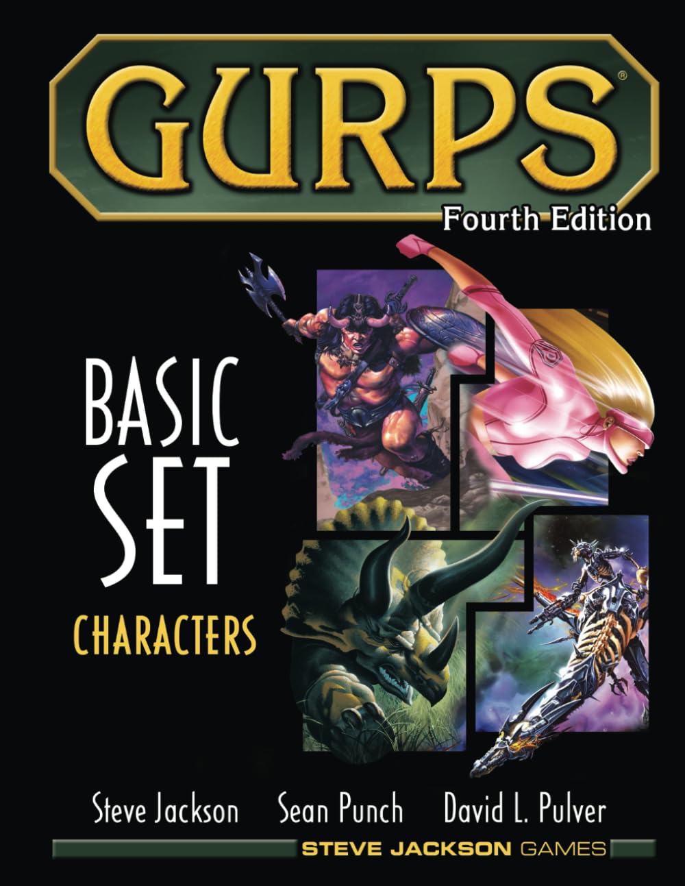 GURPS Basic Set Fourth Edition cover with fantasy and sci-fi characters, including a warrior, superhero, and dinosaur.