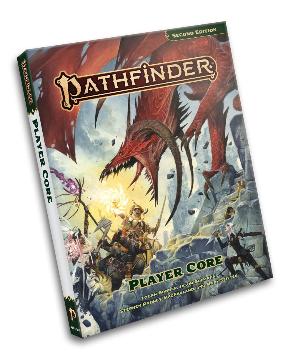 Pathfinder Player Core Second Edition rulebook cover featuring heroes battling a red dragon in a fantasy landscape.