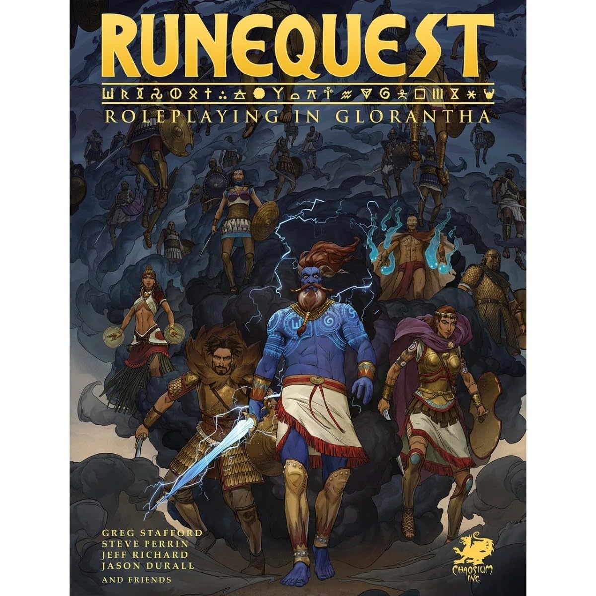 RuneQuest Roleplaying in Glorantha core rulebook cover featuring a blue-skinned warrior with lightning and ancient heroes in a mythic battle scene.