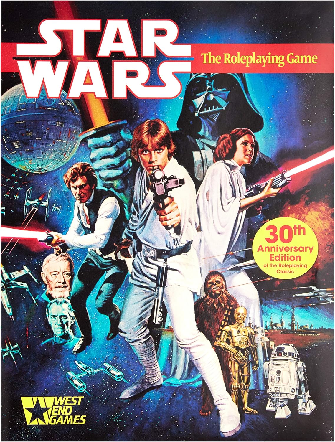 Star Wars The Roleplaying Game 30th Anniversary Edition cover with iconic characters, spaceships, and Darth Vader in a classic sci-fi setting.