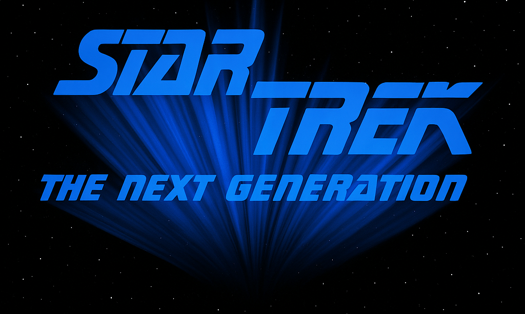 Star Trek: The Next Generation logo in blue with starburst effect and starry space background