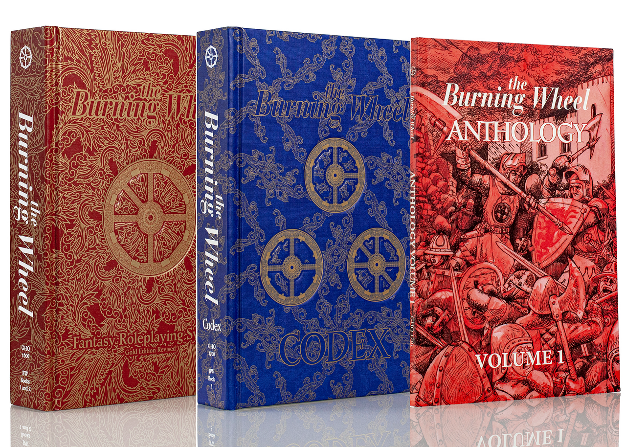 Image of three books, The Burning Wheel, Burning Wheel Codex and Burning Wheel Anthology Volume 1